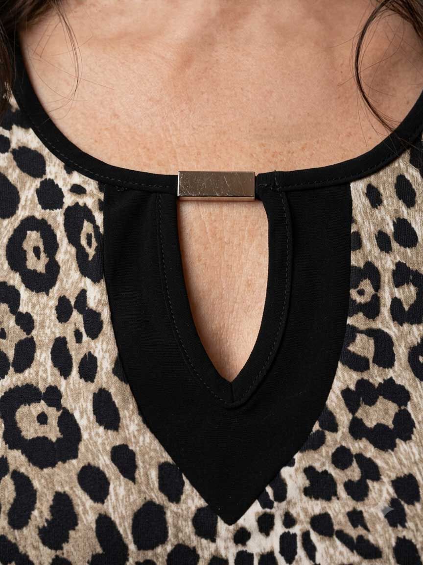 3/4 Sleeve Animal Print Top With Keyhole
