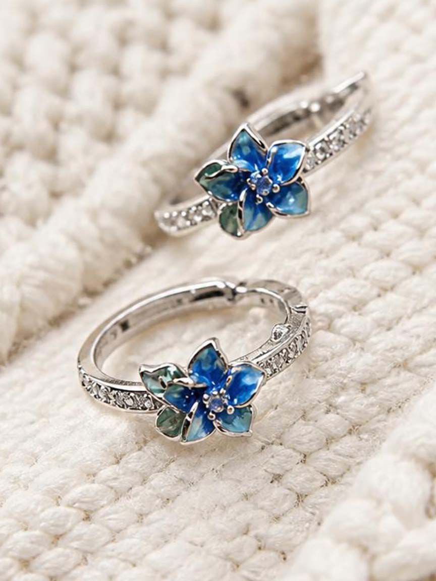 Diamond Hoop Earrings with Blue Flower Image 3