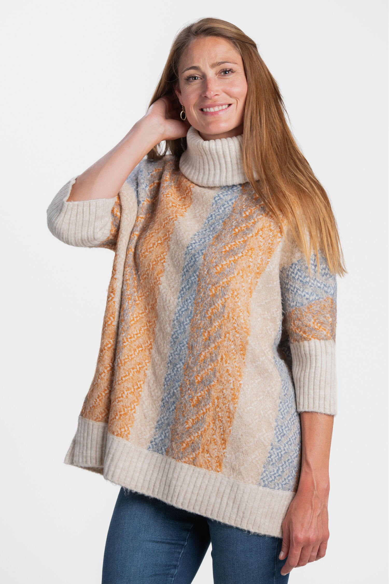 &frac34; Sleeve Cowl Neck Knit Poncho  Image 1