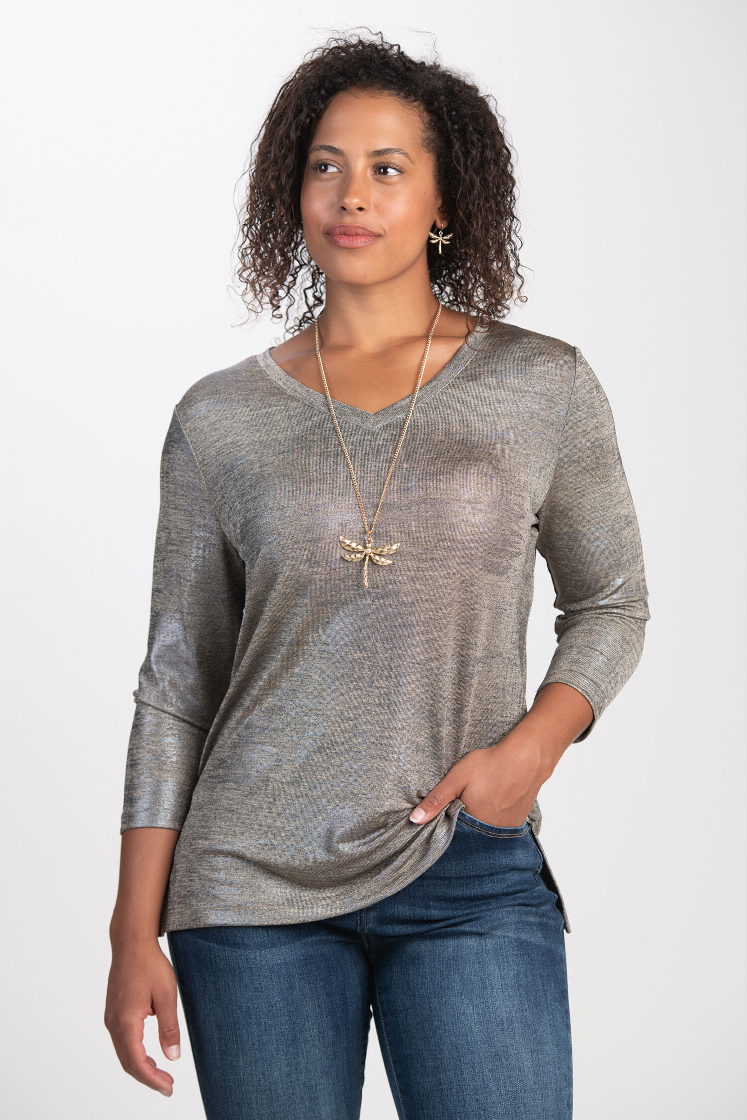 &frac34; Sleeve V-Neck Top w/ Lurex  Image 1
