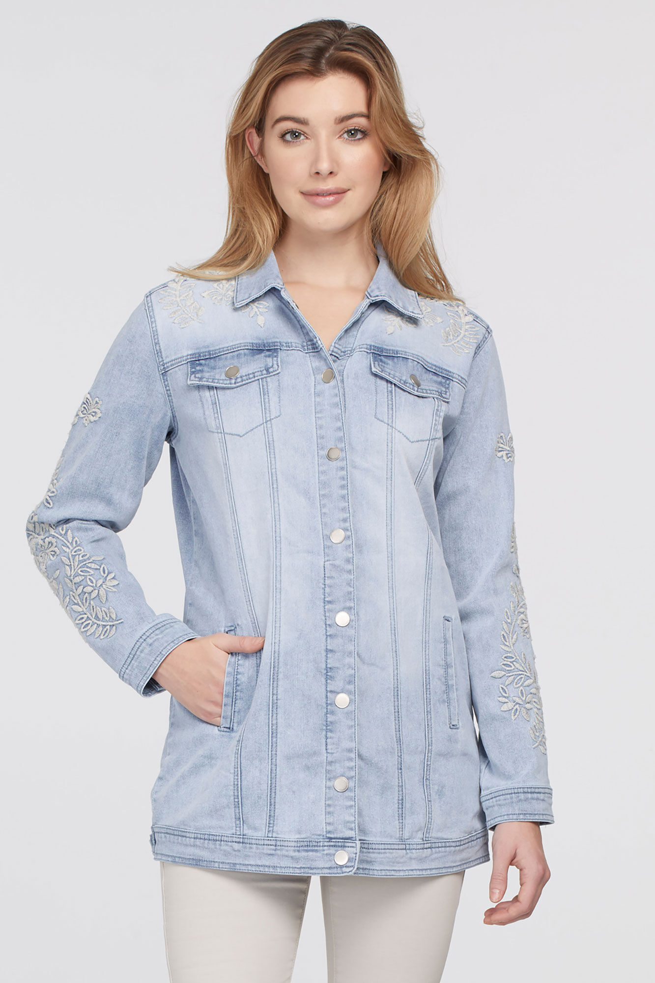 Ivory-Floral Embroidery Denim Jacket Image 1