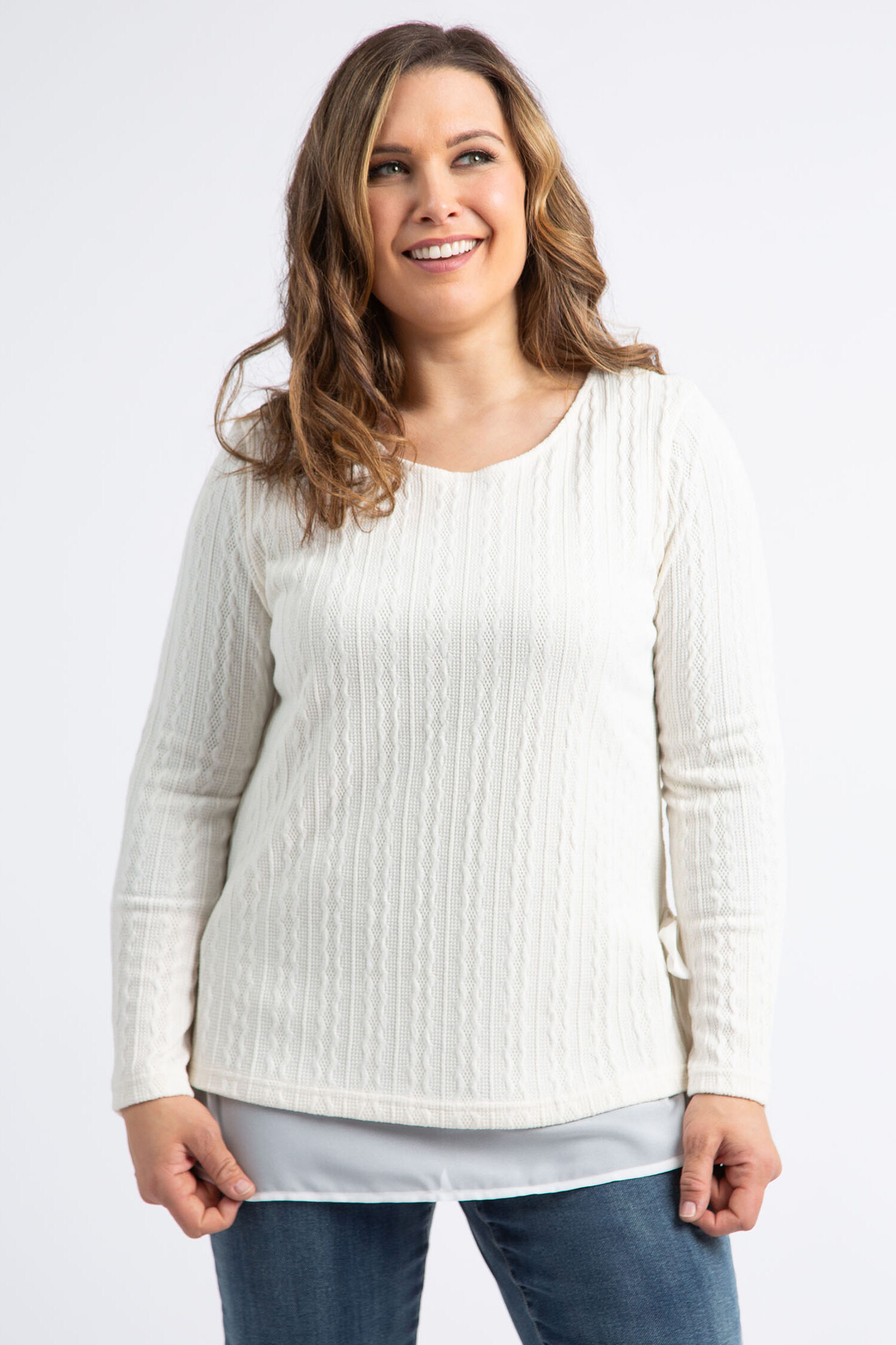 Cable Knit Sweater w/ Chiffon Underlay Image 3
