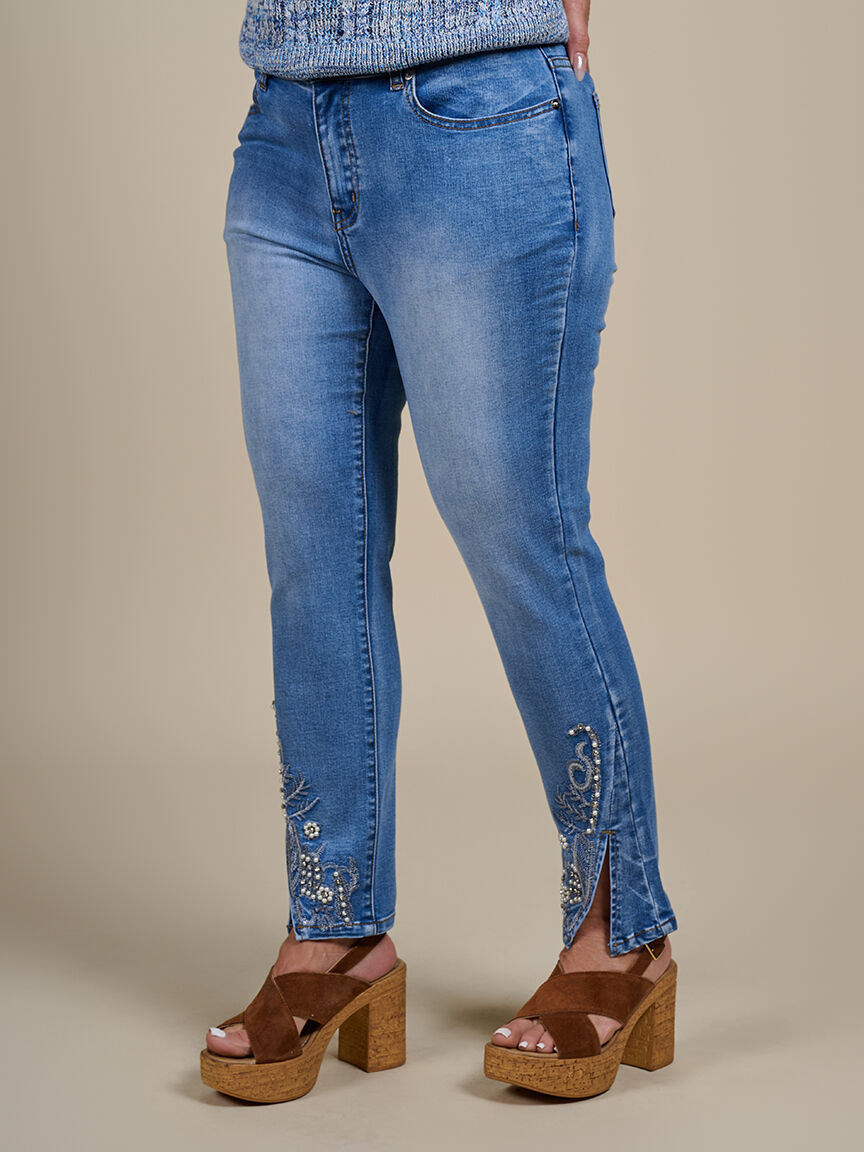 Pearl and Rhinestone Embellished Jeans  Image 3
