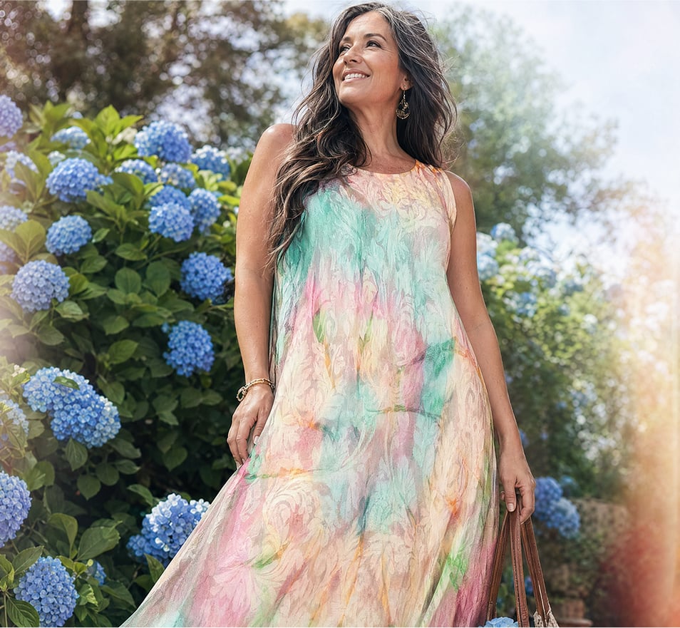 Woman smiling wearing flowy dress