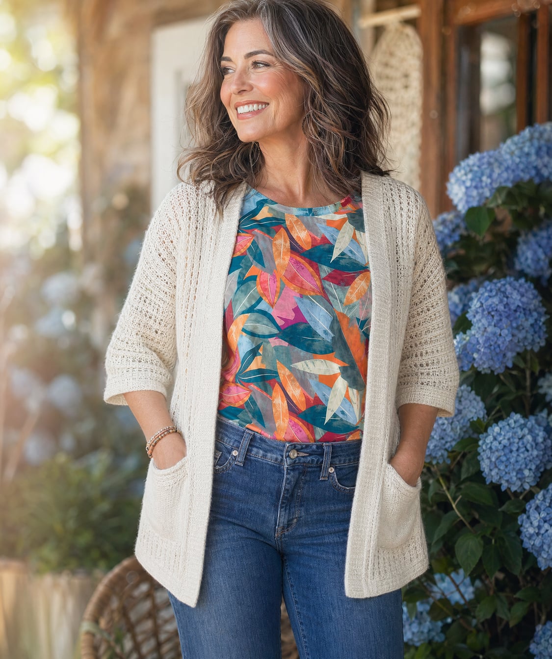 image of a women wearing floral dress with knit cardigan