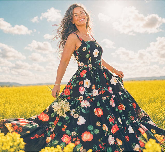 Woman smiling wearing flowy dress