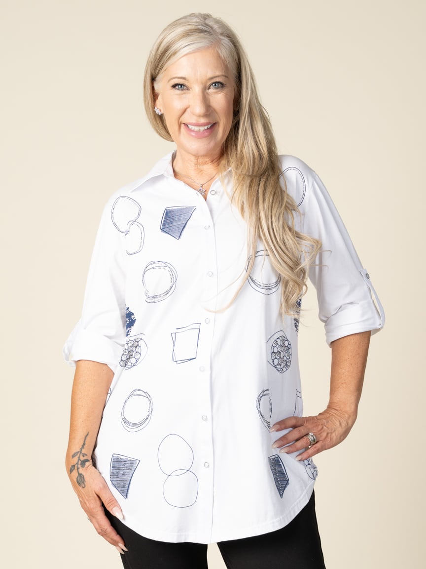 Long Sleeve Button-Up Blouse with Hotfix | Goa | Suzanne's