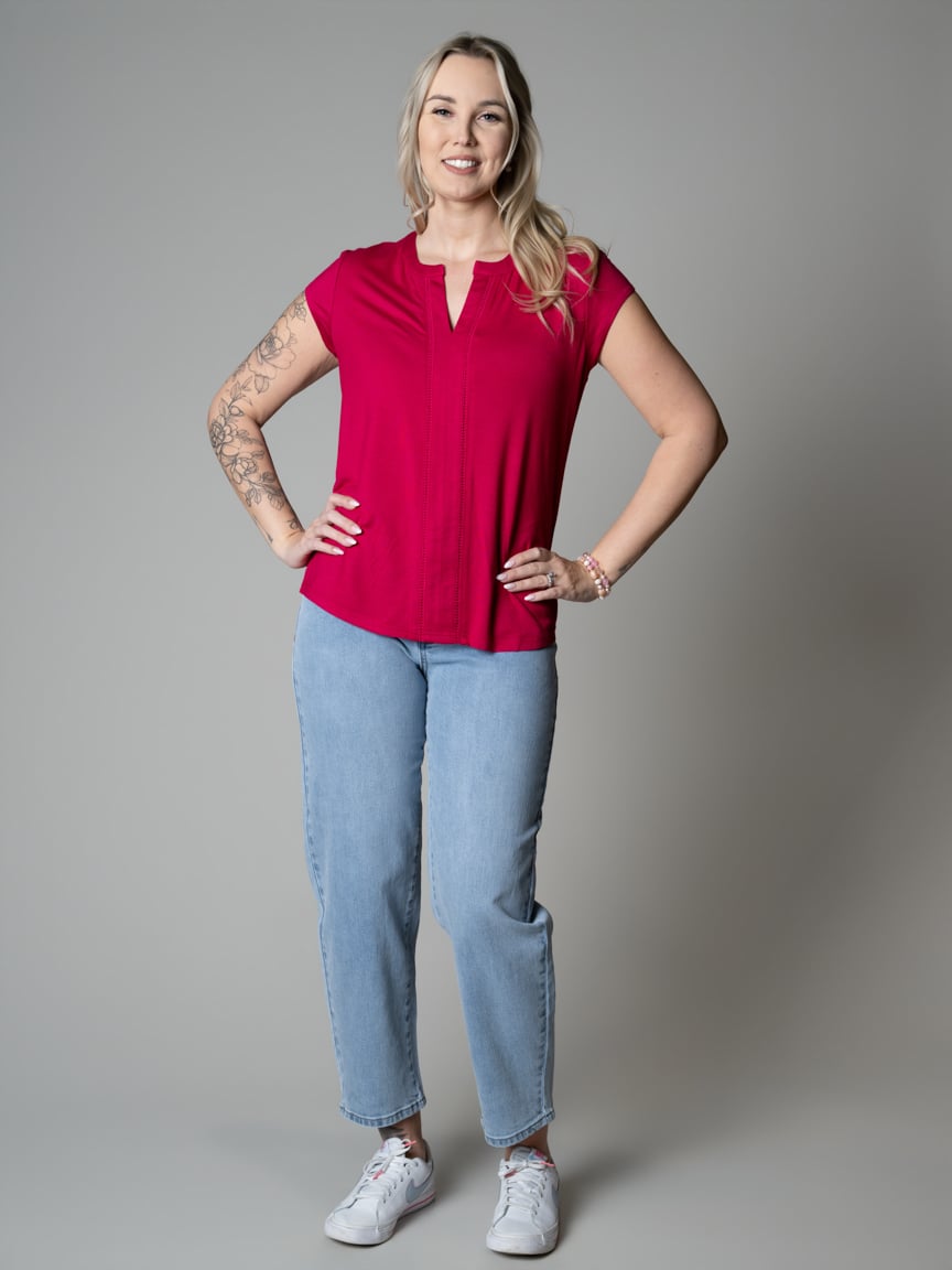 Short Sleeve Henley Neck Top With Ladder Stitching | Studio 65