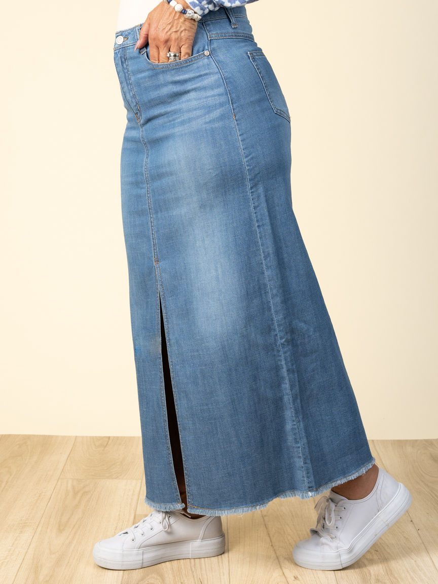 Denim Maxi skirt With Front Slit And Pockets | Tribal | Suzanne's