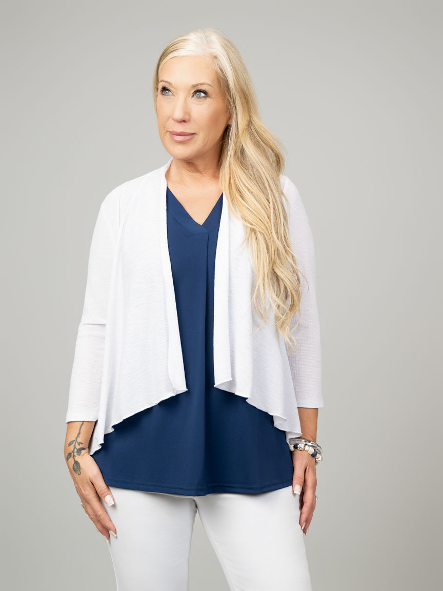 Hip Length 3/4 Sleeve Open Front Cardigan | Vanille & Chocolat