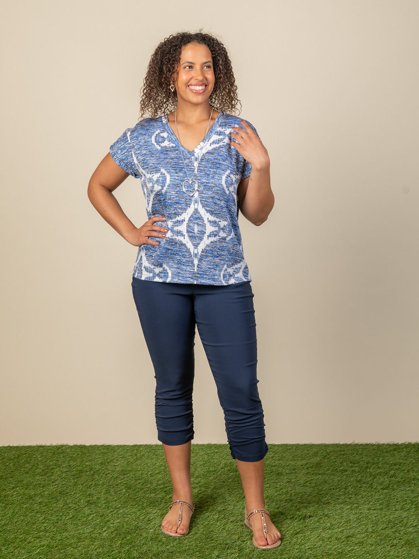 Printed Hatchi Cap-Sleeve V-Neck Top With Ladder Tape Detail