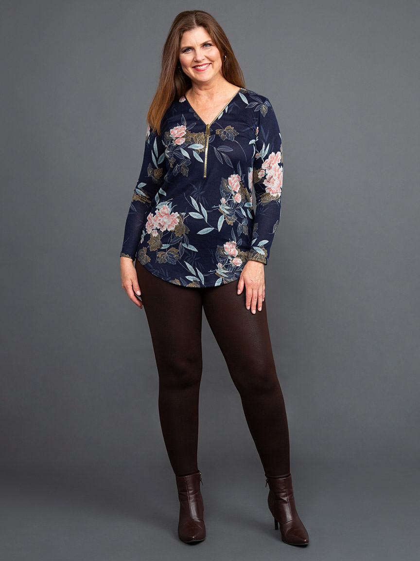 Long Sleeve Floral Top w/ Zip Neckline | Papillon | Suzanne's