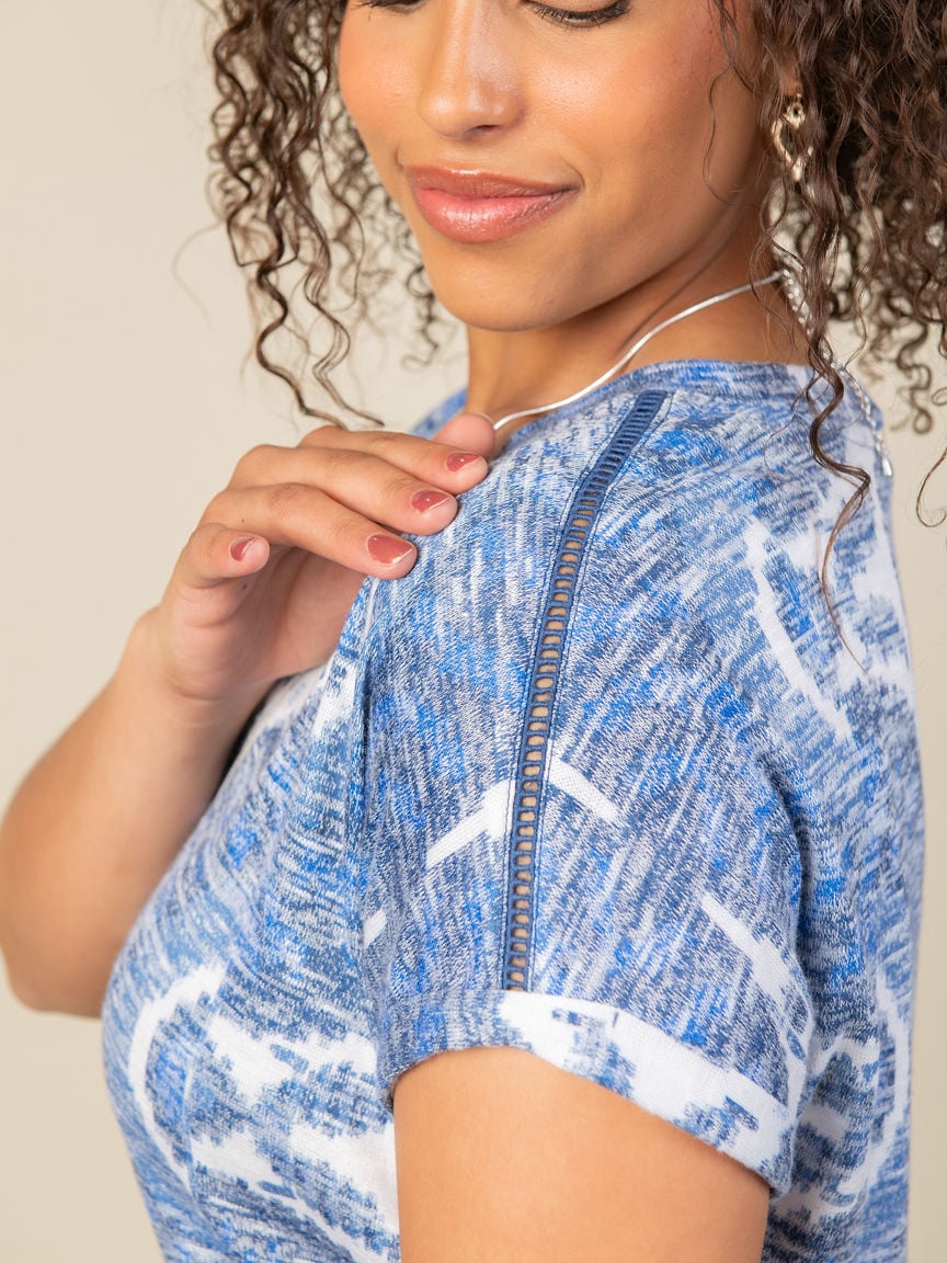Printed Hatchi Cap-Sleeve V-Neck Top With Ladder Tape Detail
