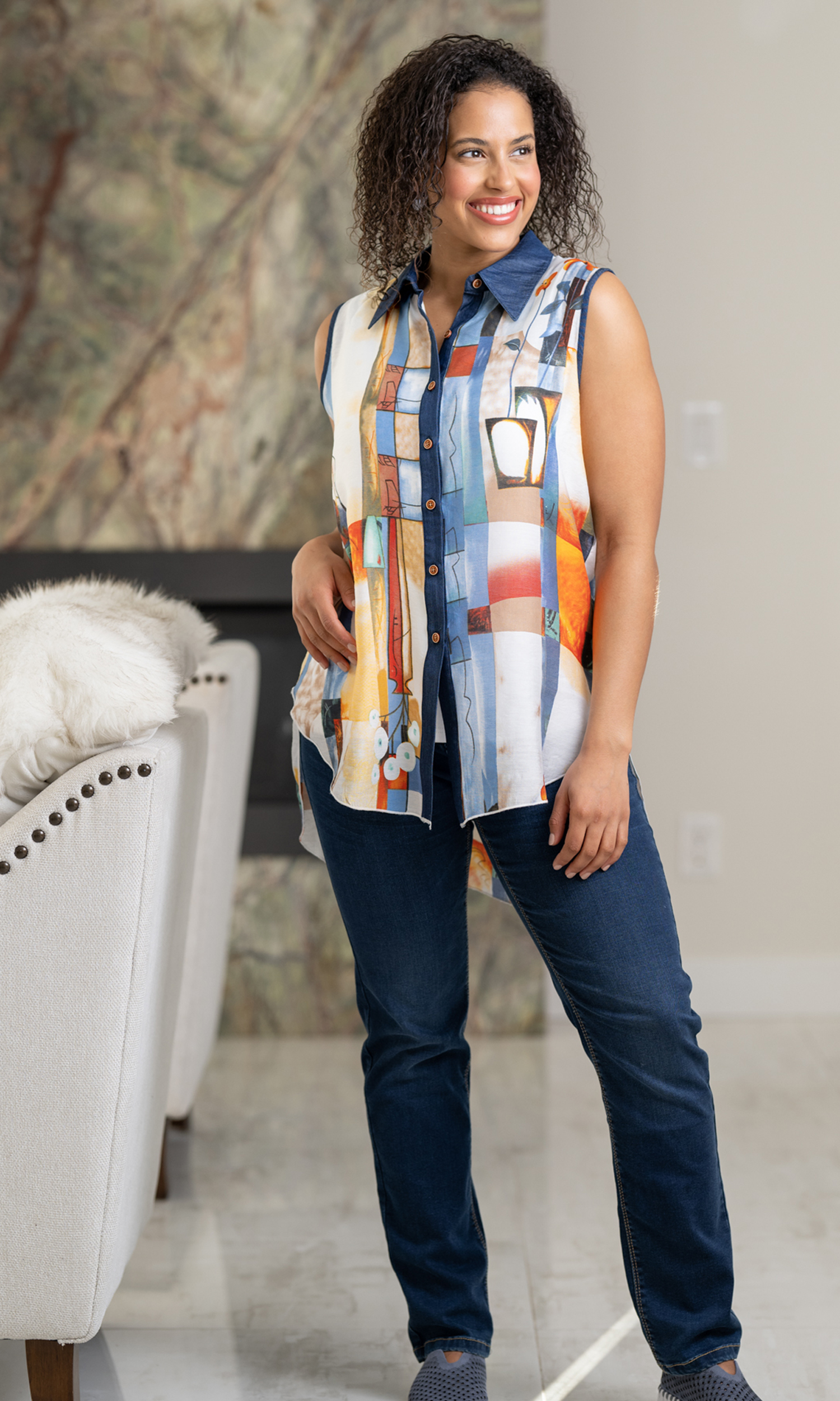 Sleeveless Collared High-Low Blouse | Minkas | Suzanne's