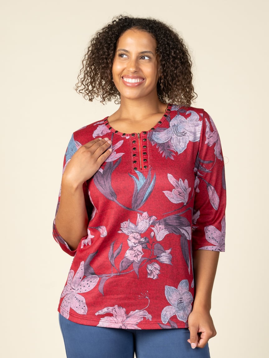 3/4 Sleeve Half Zip Floral Top | Papa | Suzanne's