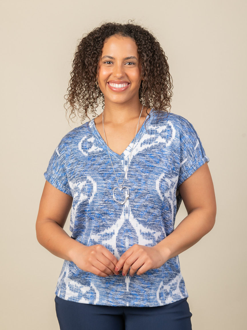 Printed Hatchi Cap-Sleeve V-Neck Top With Ladder Tape Detail