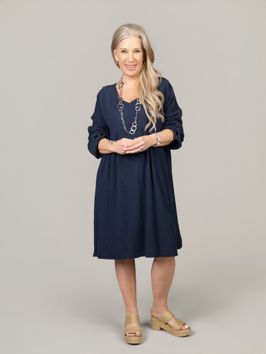 Long Sleeve Knee Waffle Cotton Dress | Beyond Capri | Suzanne's