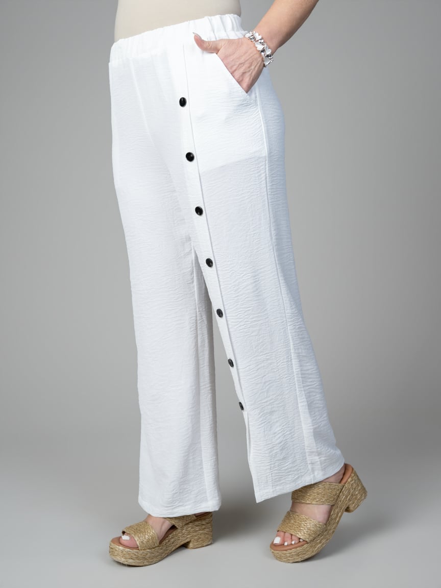 Crinkle Pull-On Pant With Button Detail | Minkas | Suzanne's