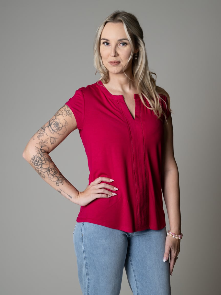 Short Sleeve Henley Neck Top With Ladder Stitching | Studio 65