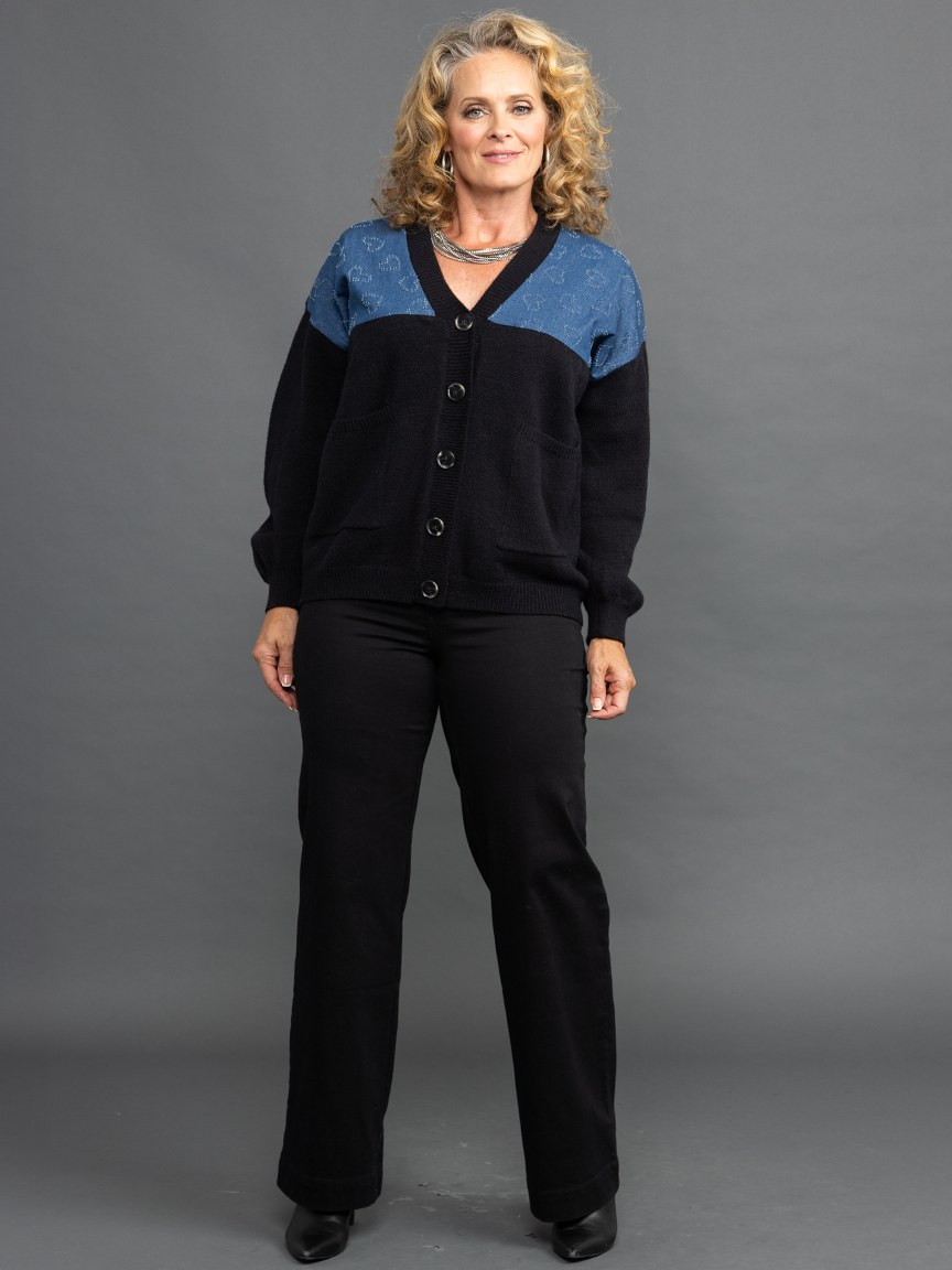 V-Neck Cardigan w/ Denim Panel | Papa | Suzanne's